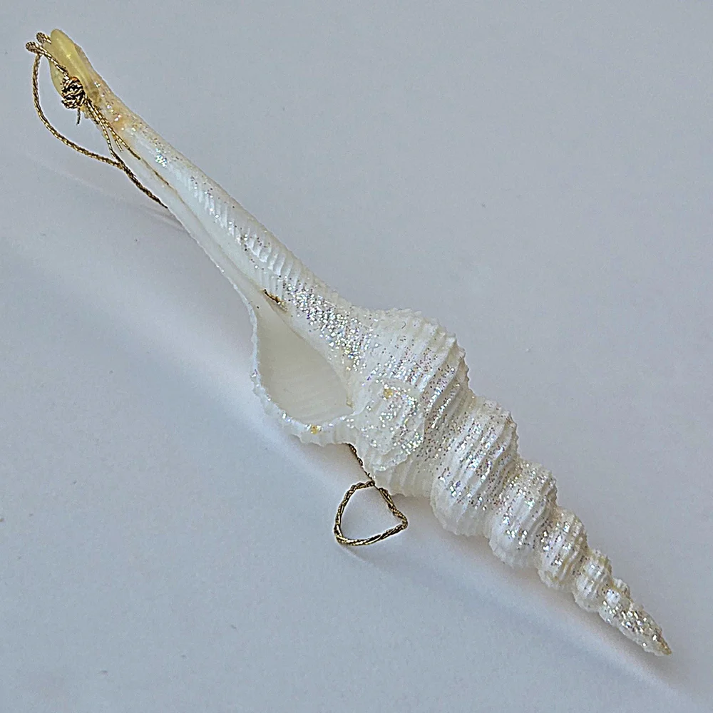VTG 90s Shimmering Spindle Seashell Ornament White Iridescent Glitter Coastal